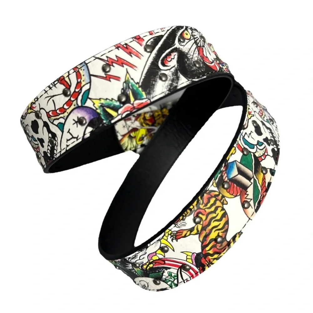 Ed Hardy Men's Skull Tiger Panther Print Belt With Hammered Rivet Studs SZ 40 NW